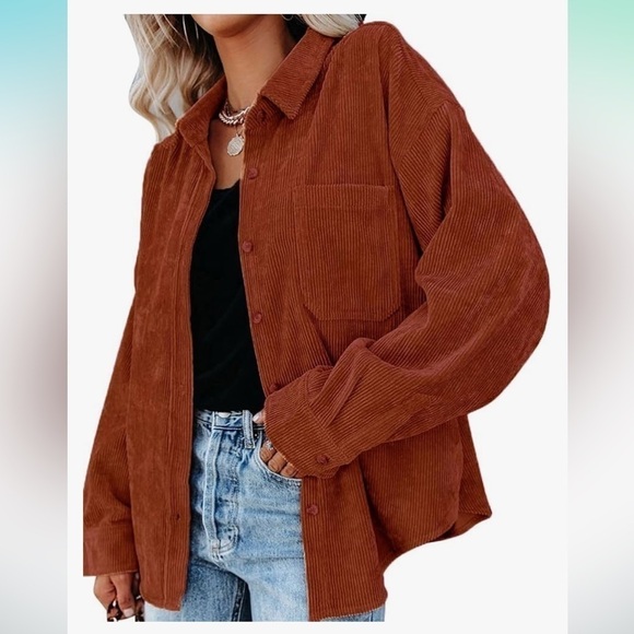 NEW Women's Corduroy Button Down Long Sleeve Oversized Jacket with Pocket - Picture 4 of 4